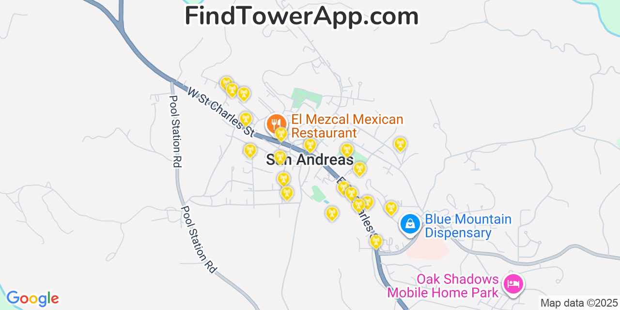 Map showing the 20 primary cell tower locations detected in San Andreas, California from AT&T, Verizon, and T-Mobile networks