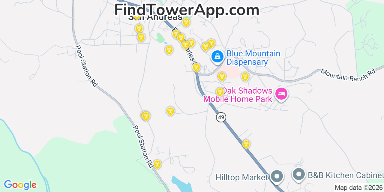 Map showing the 20 primary cell tower locations detected in San Andreas, California from AT&T, Verizon, and T-Mobile networks