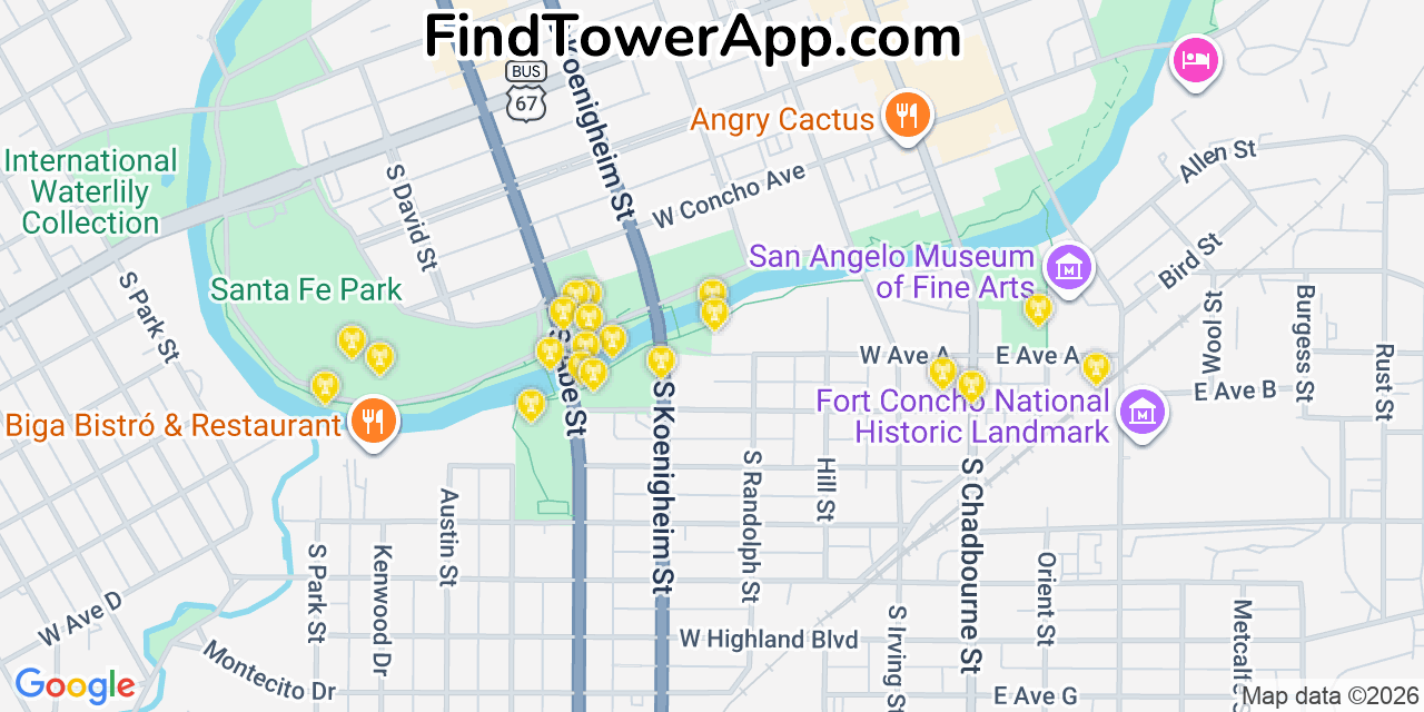Map showing the 20 primary cell tower locations detected in San Angelo, Texas from AT&T, Verizon, and T-Mobile networks
