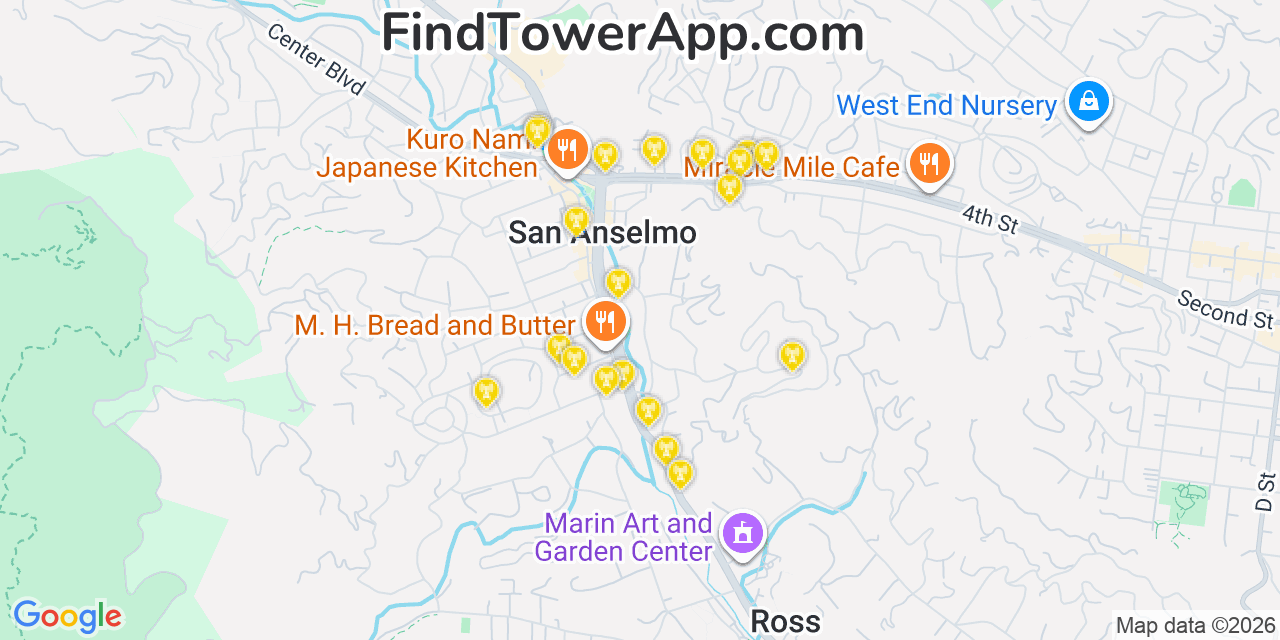 Map showing the 20 primary cell tower locations detected in San Anselmo, California from AT&T, Verizon, and T-Mobile networks
