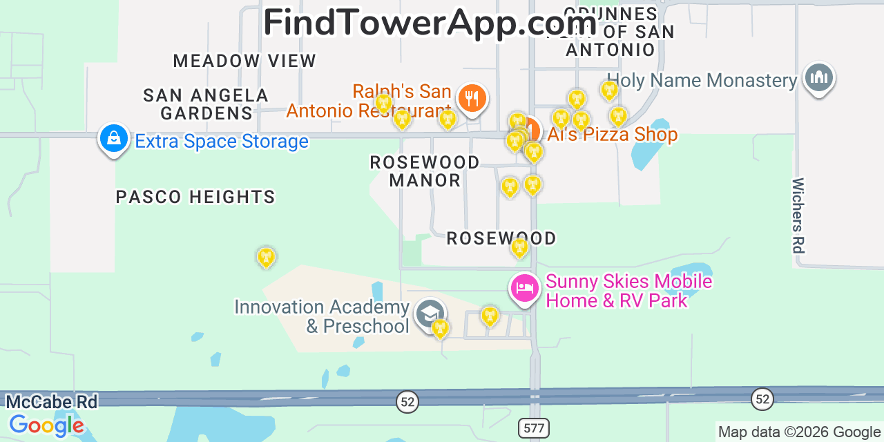 Map showing the 20 primary cell tower locations detected in San Antonio, Florida from AT&T, Verizon, and T-Mobile networks