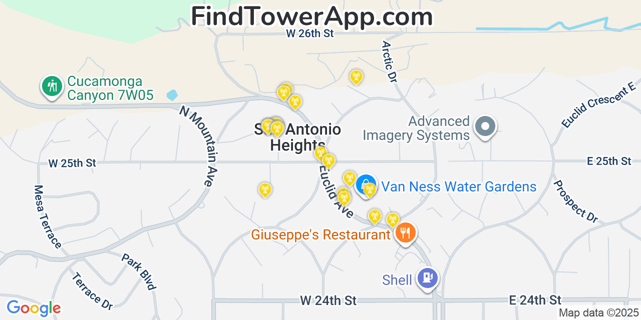 Map showing the 20 primary cell tower locations detected in San Antonio Heights, California from AT&T, Verizon, and T-Mobile networks