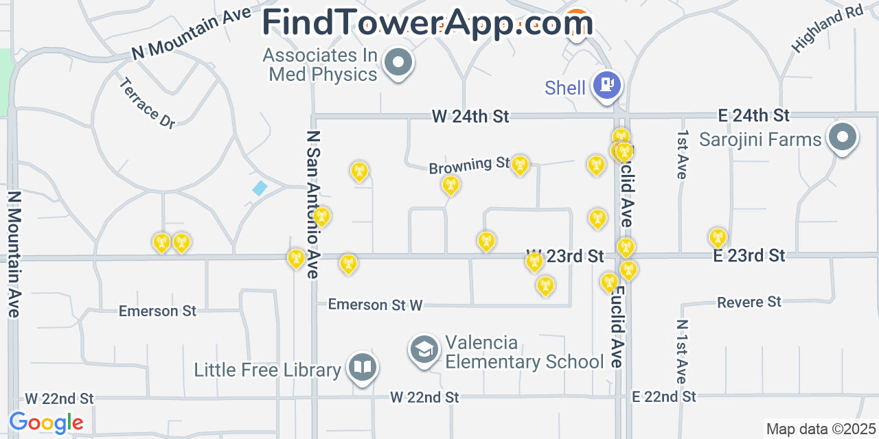 Map showing the 20 primary cell tower locations detected in San Antonio Heights, California from AT&T, Verizon, and T-Mobile networks