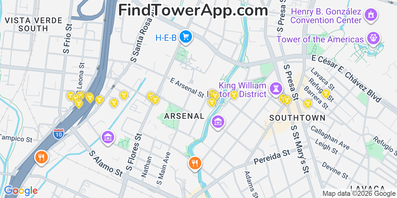 Map showing the 20 primary cell tower locations detected in San Antonio, Texas from AT&T, Verizon, and T-Mobile networks
