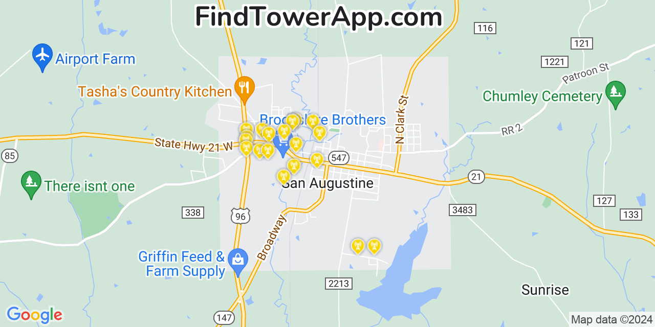 AT&T 4G/5G cell tower coverage map San Augustine, Texas