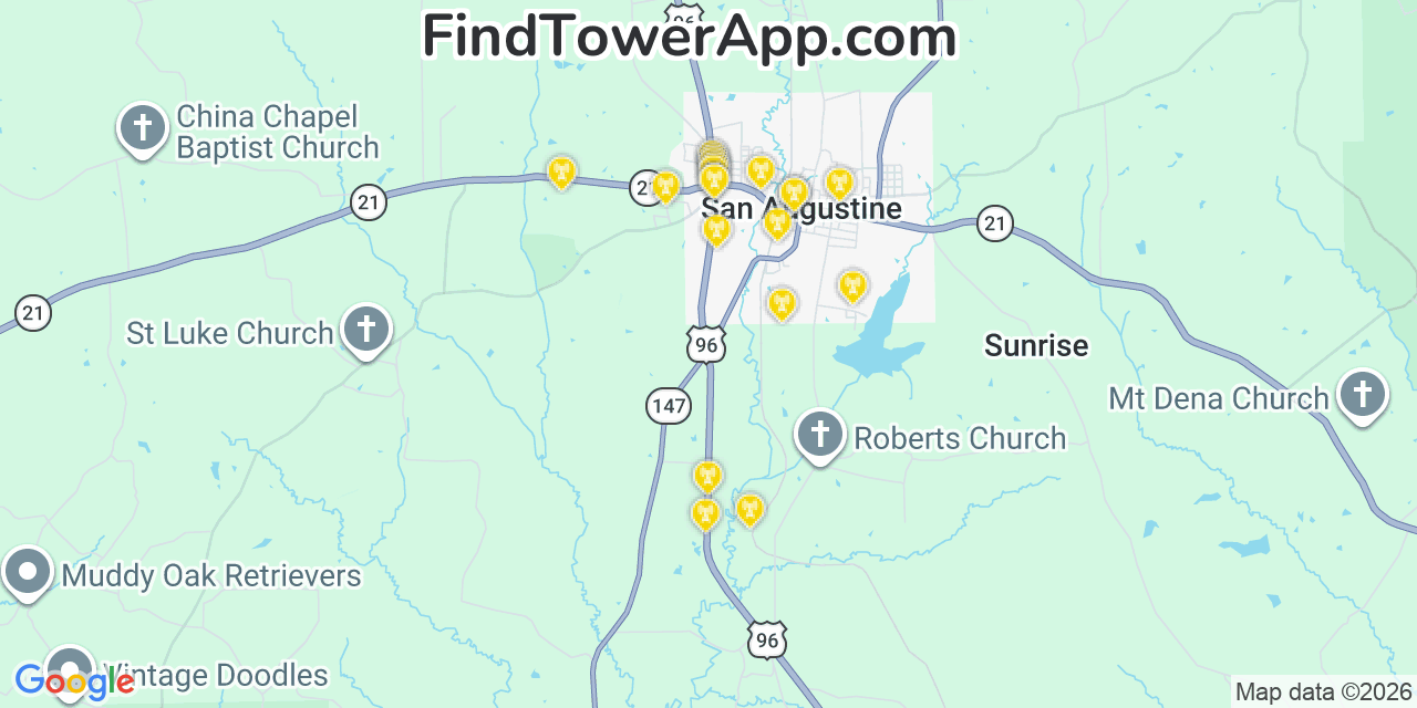 Map showing the 20 primary cell tower locations detected in San Augustine, Texas from AT&T, Verizon, and T-Mobile networks