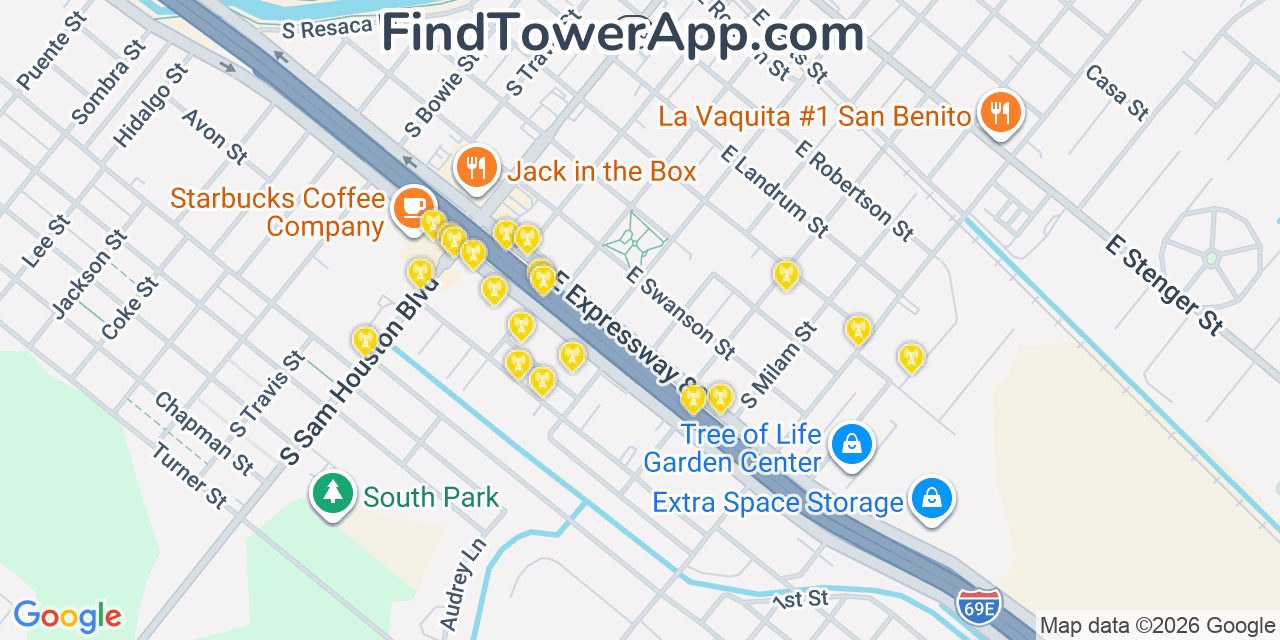 Map showing the 20 primary cell tower locations detected in San Benito, Texas from AT&T, Verizon, and T-Mobile networks