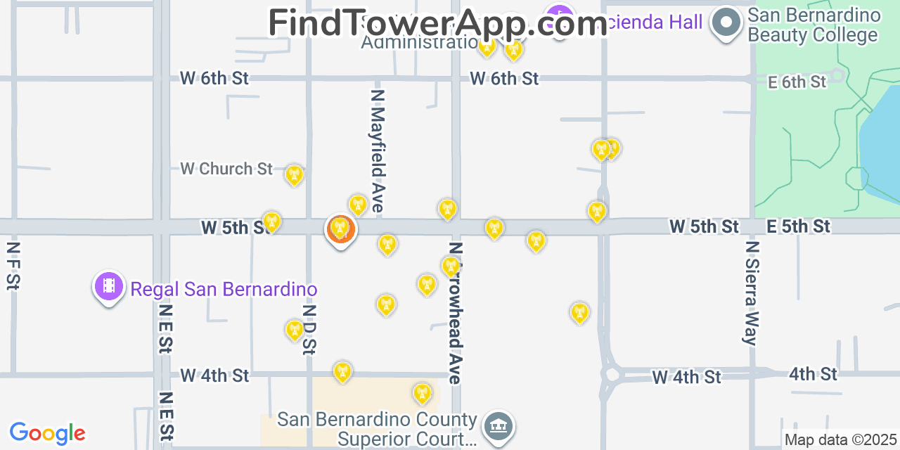 Map showing the 20 primary cell tower locations detected in San Bernardino, California from AT&T, Verizon, and T-Mobile networks