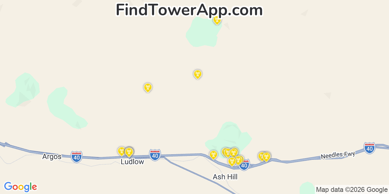 Map showing the 20 primary cell tower locations detected in San Bernardino, California from AT&T, Verizon, and T-Mobile networks