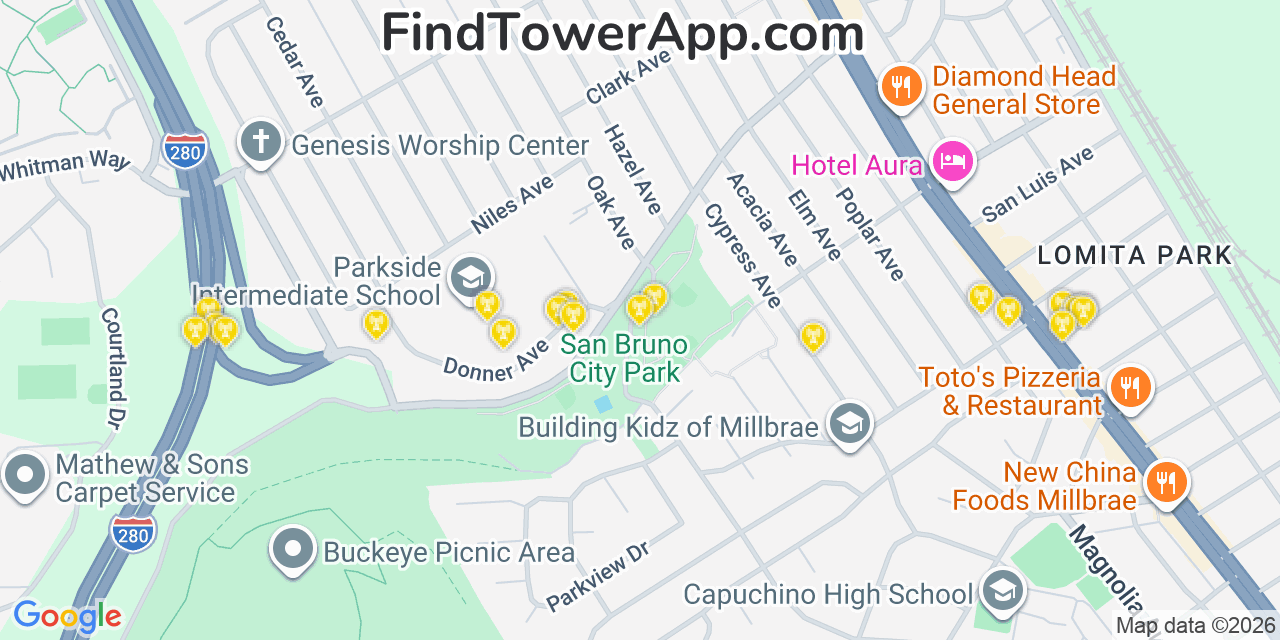 Map showing the 20 primary cell tower locations detected in San Bruno, California from AT&T, Verizon, and T-Mobile networks