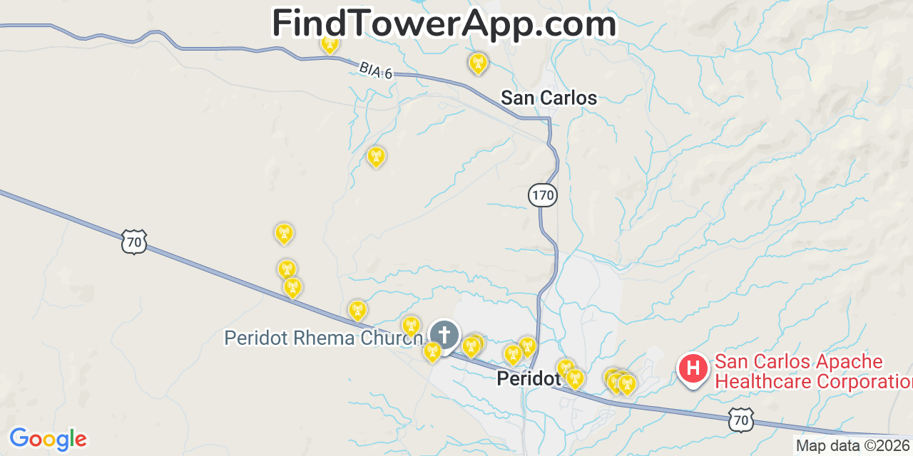 Map showing the 20 primary cell tower locations detected in San Carlos, Arizona from AT&T, Verizon, and T-Mobile networks