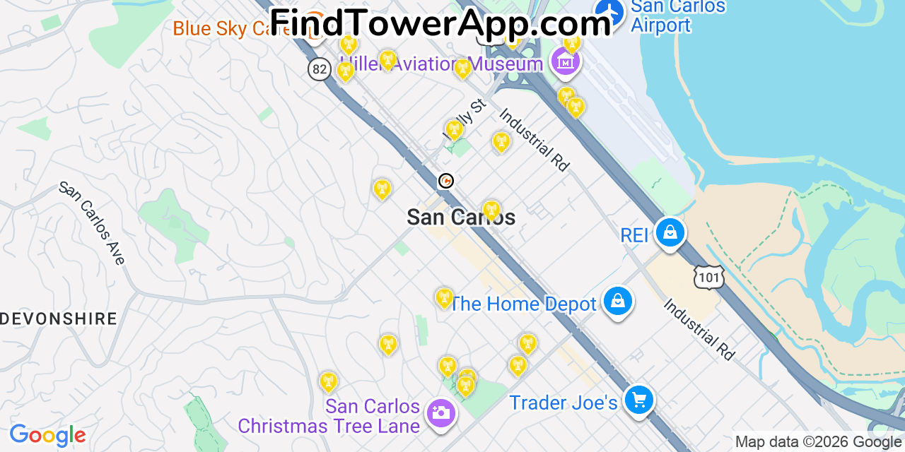 Map showing the 20 primary cell tower locations detected in San Carlos, California from AT&T, Verizon, and T-Mobile networks