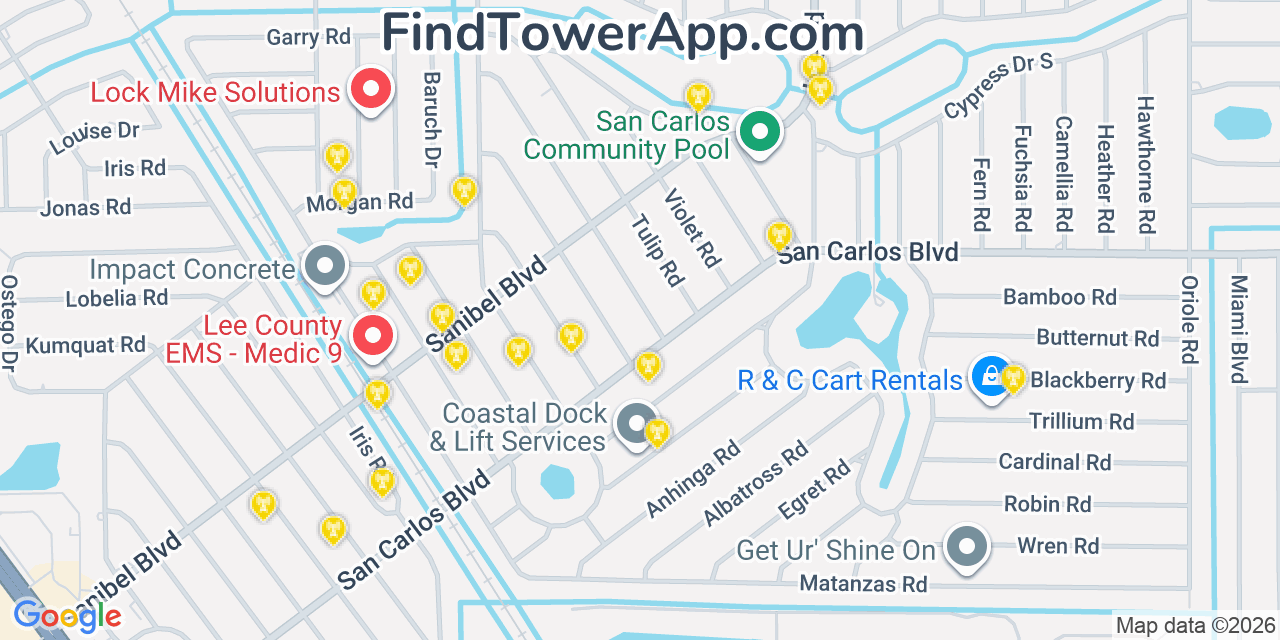 Map showing the 20 primary cell tower locations detected in San Carlos Park, Florida from AT&T, Verizon, and T-Mobile networks