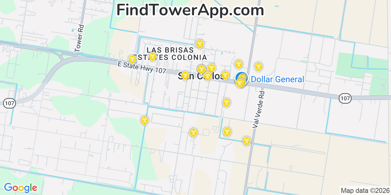 Map showing the 20 primary cell tower locations detected in San Carlos, Texas from AT&T, Verizon, and T-Mobile networks