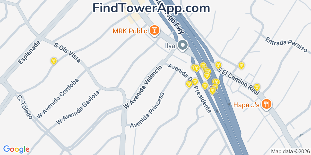 Map showing the 20 primary cell tower locations detected in San Clemente, California from AT&T, Verizon, and T-Mobile networks
