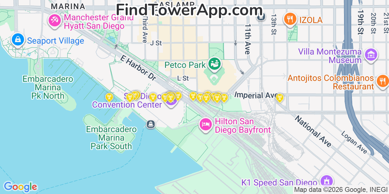 Map showing the 20 primary cell tower locations detected in San Diego, California from AT&T, Verizon, and T-Mobile networks