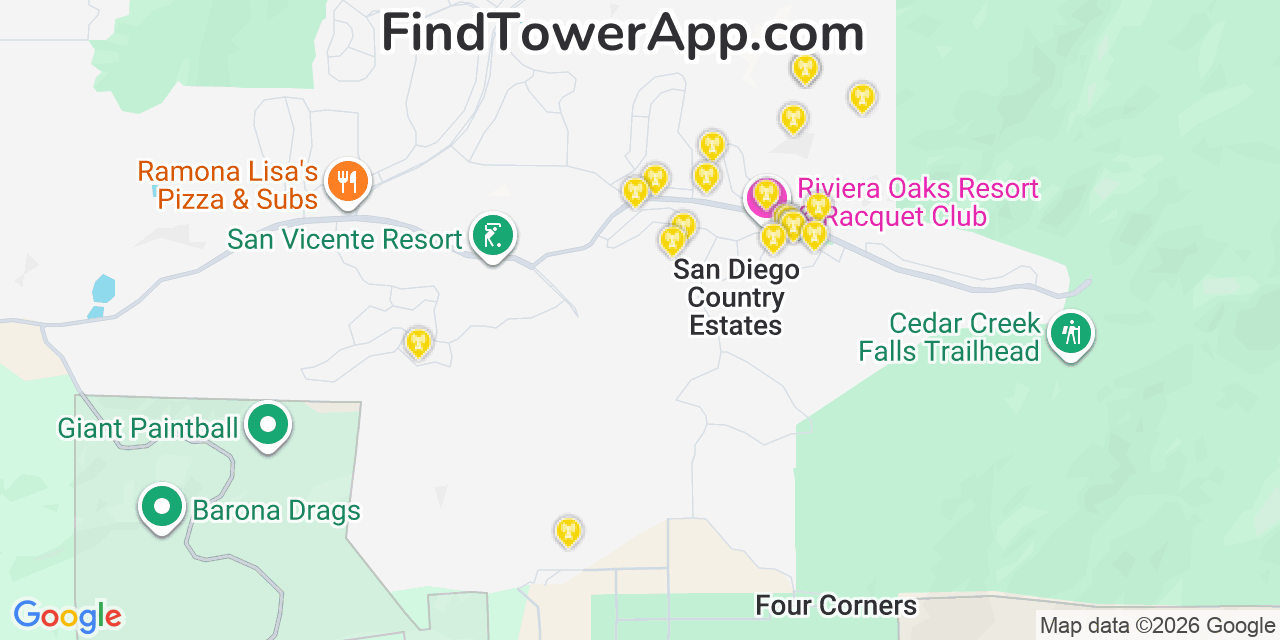 Map showing the 20 primary cell tower locations detected in San Diego Country Estates, California from AT&T, Verizon, and T-Mobile networks