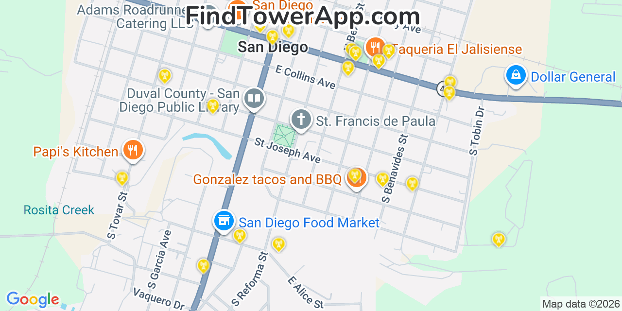 Map showing the 20 primary cell tower locations detected in San Diego, Texas from AT&T, Verizon, and T-Mobile networks