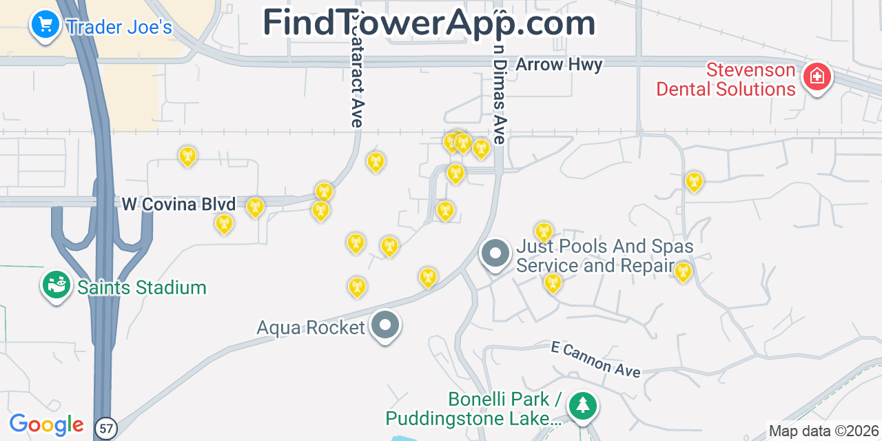 Map showing the 20 primary cell tower locations detected in San Dimas, California from AT&T, Verizon, and T-Mobile networks