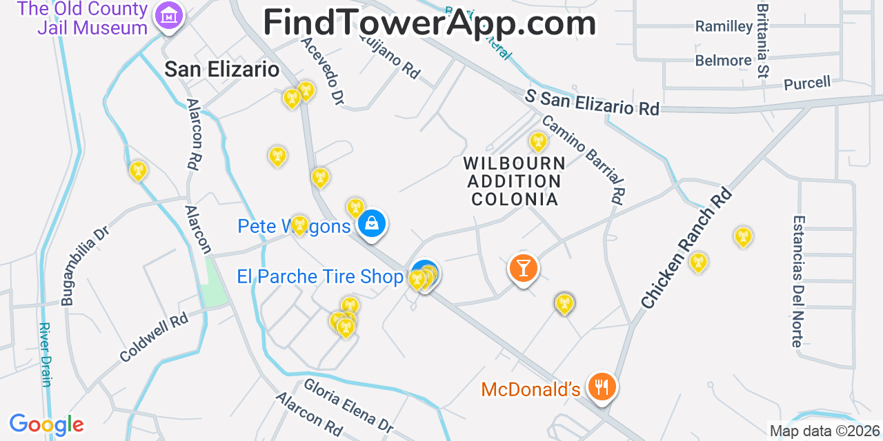 Map showing the 20 primary cell tower locations detected in San Elizario, Texas from AT&T, Verizon, and T-Mobile networks