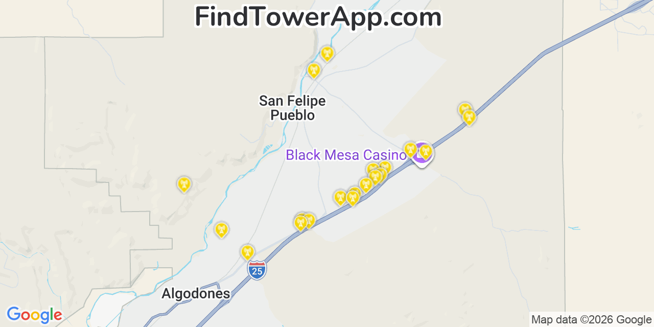Map showing the 20 primary cell tower locations detected in San Felipe Pueblo, New Mexico from AT&T, Verizon, and T-Mobile networks