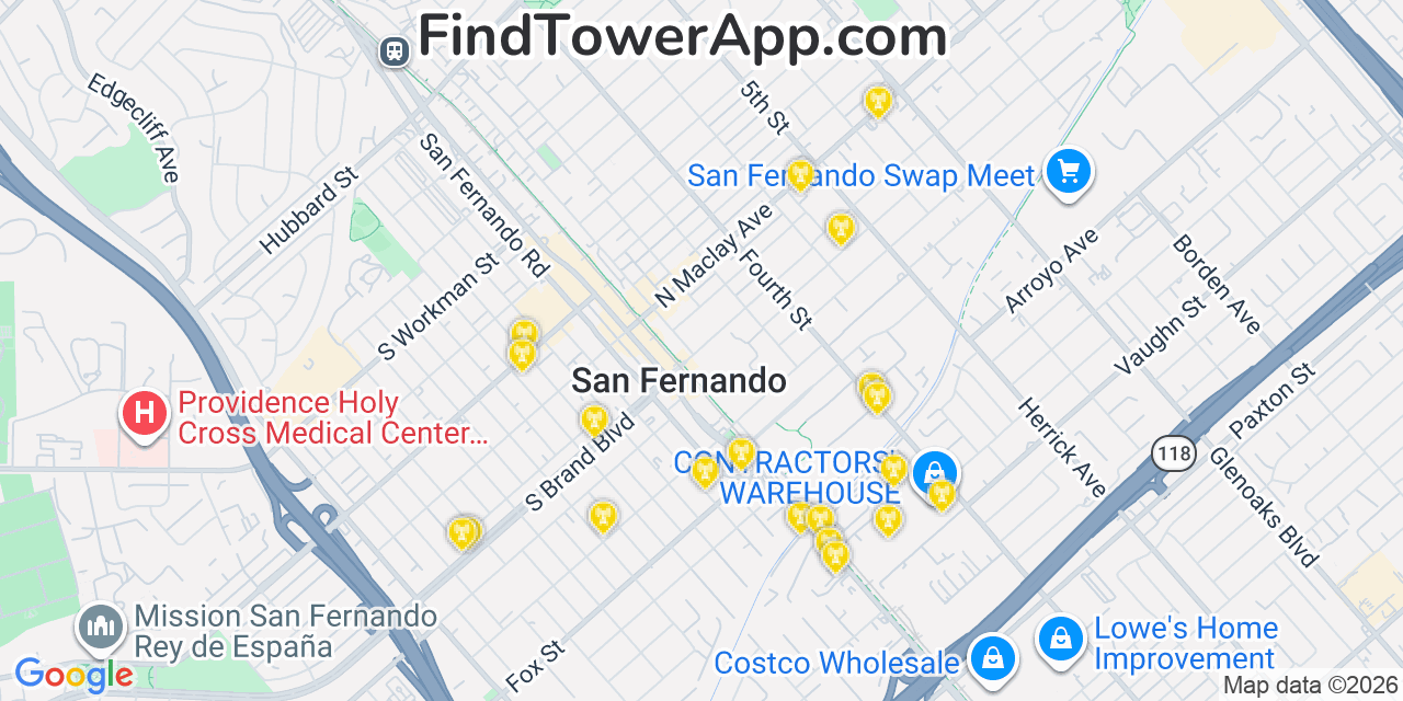 Map showing the 20 primary cell tower locations detected in San Fernando, California from AT&T, Verizon, and T-Mobile networks