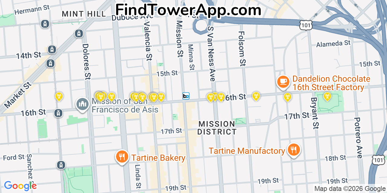 Map showing the 20 primary cell tower locations detected in San Francisco, California from AT&T, Verizon, and T-Mobile networks