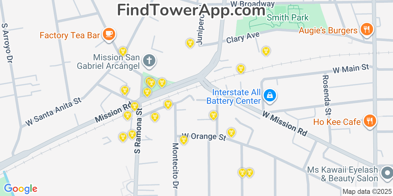 Map showing the 20 primary cell tower locations detected in San Gabriel, California from AT&T, Verizon, and T-Mobile networks