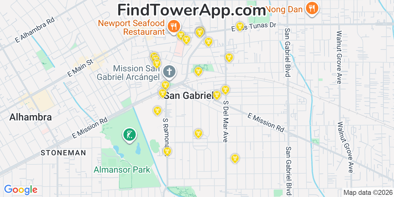 Map showing the 20 primary cell tower locations detected in San Gabriel, California from AT&T, Verizon, and T-Mobile networks