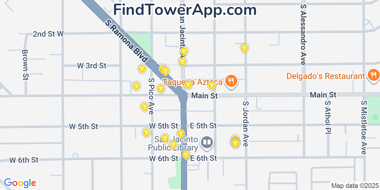 Map showing the 20 primary cell tower locations detected in San Jacinto, California from AT&T, Verizon, and T-Mobile networks