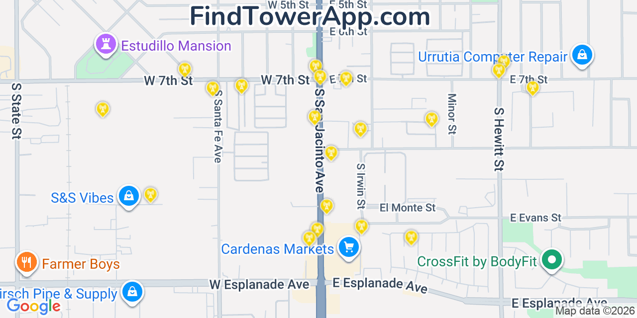 Map showing the 20 primary cell tower locations detected in San Jacinto, California from AT&T, Verizon, and T-Mobile networks