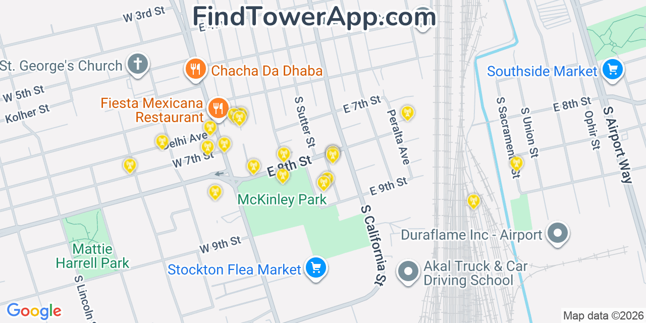 Map showing the 20 primary cell tower locations detected in San Joaquin, California from AT&T, Verizon, and T-Mobile networks