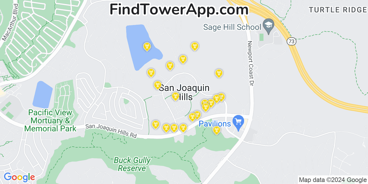 AT&T 4G/5G cell tower coverage map San Joaquin Hills, California