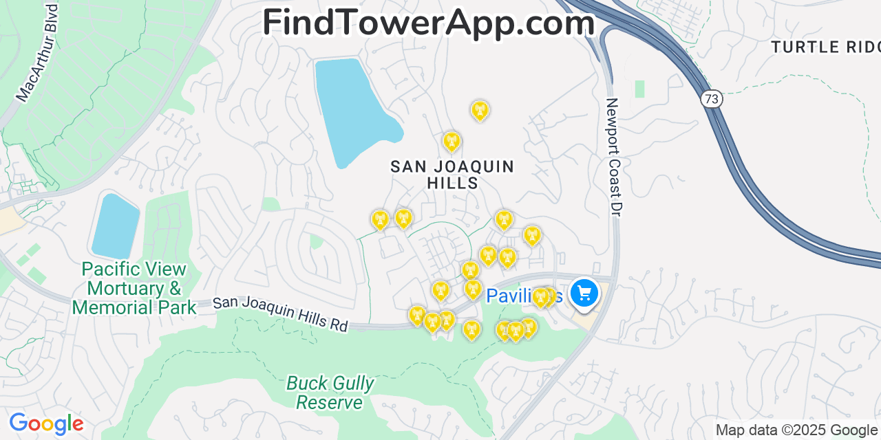 Map showing the 20 primary cell tower locations detected in San Joaquin Hills, California from AT&T, Verizon, and T-Mobile networks