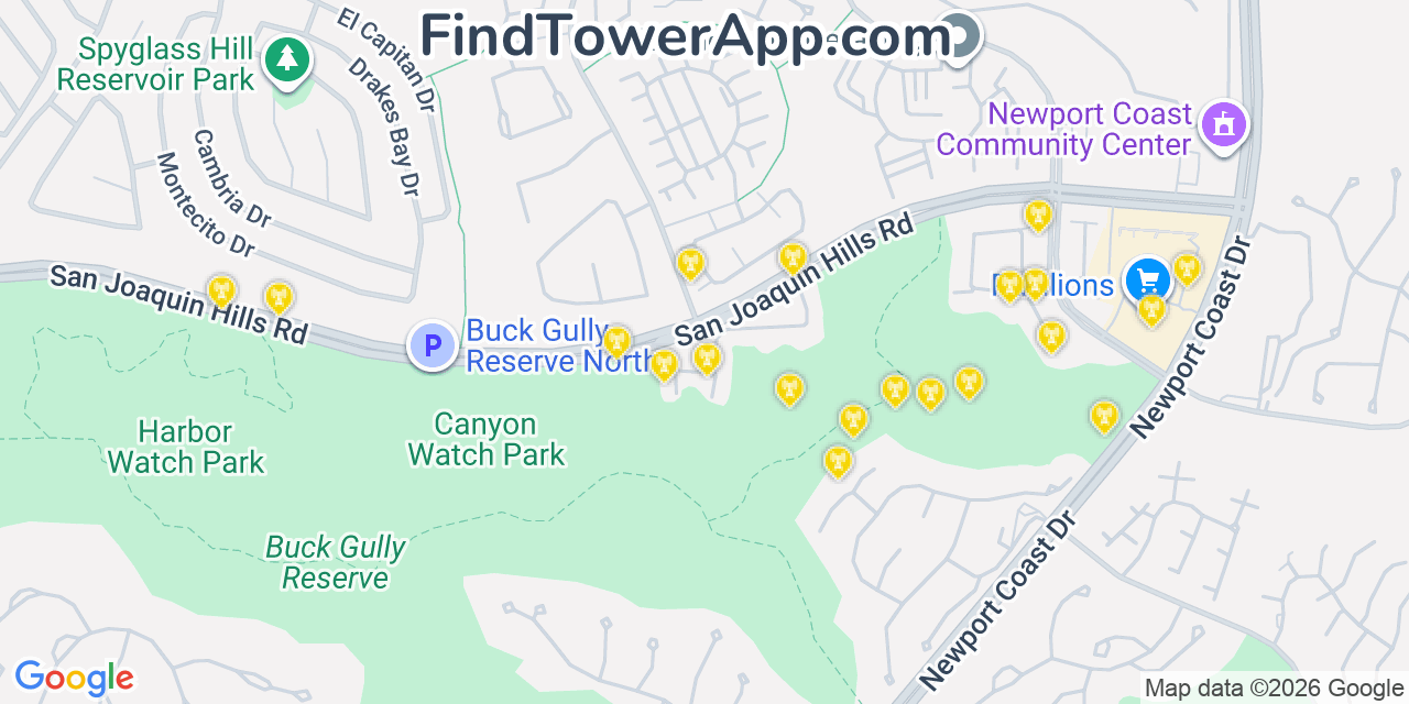 Map showing the 20 primary cell tower locations detected in San Joaquin Hills, California from AT&T, Verizon, and T-Mobile networks