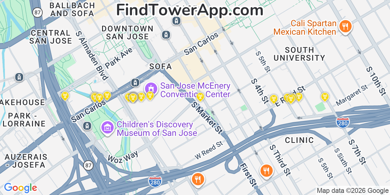 Map showing the 20 primary cell tower locations detected in San Jose, California from AT&T, Verizon, and T-Mobile networks