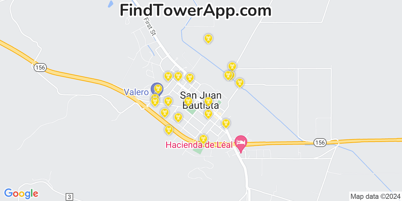 AT&T 4G/5G cell tower coverage map San Juan Bautista, California