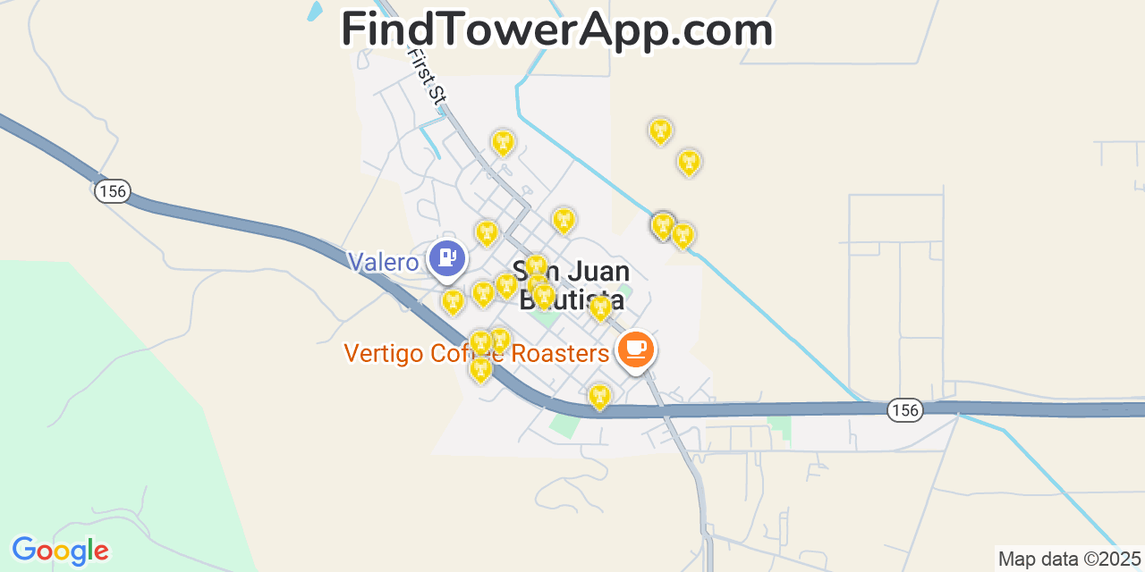Map showing the 20 primary cell tower locations detected in San Juan Bautista, California from AT&T, Verizon, and T-Mobile networks