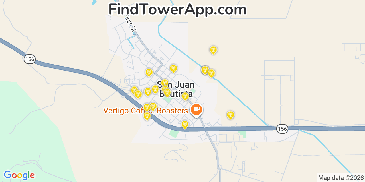 Map showing the 20 primary cell tower locations detected in San Juan Bautista, California from AT&T, Verizon, and T-Mobile networks