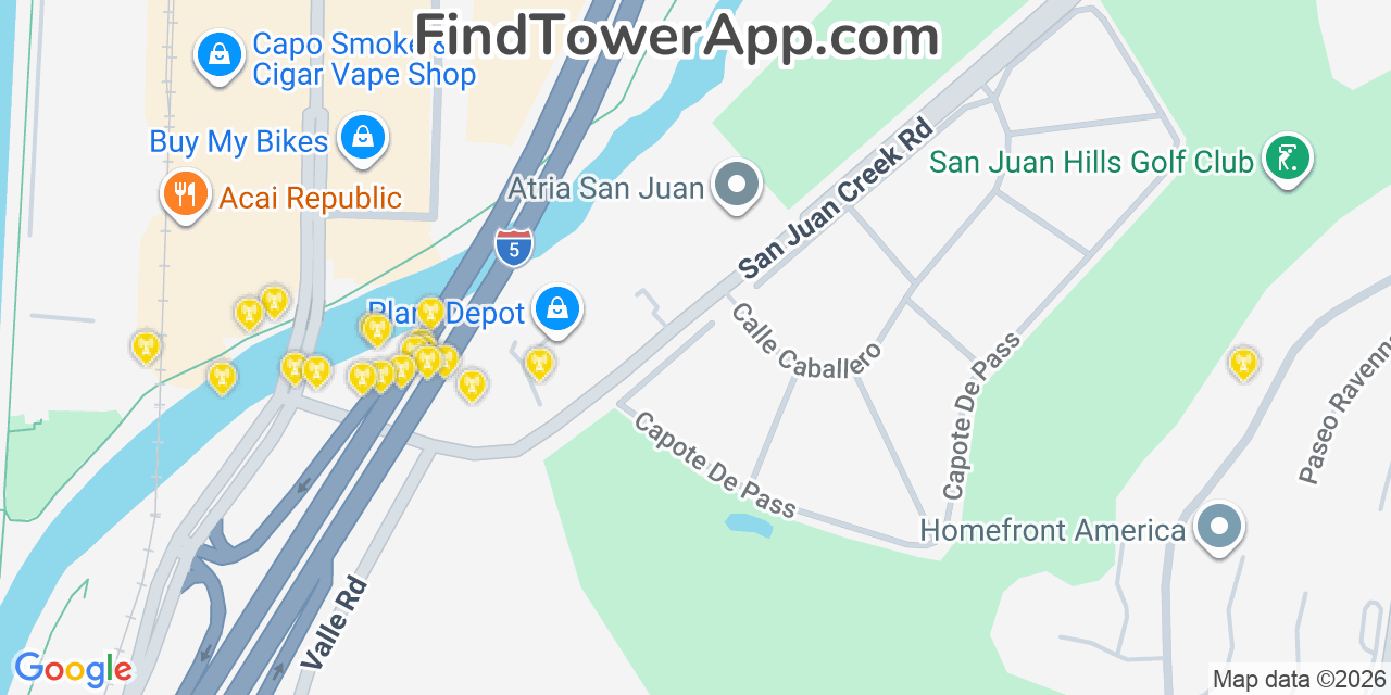 Map showing the 20 primary cell tower locations detected in San Juan Capistrano, California from AT&T, Verizon, and T-Mobile networks