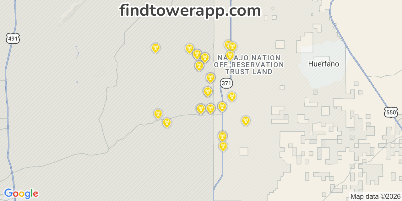 Map showing the 28 primary AT&T cell tower locations detected in San Juan, New Mexico with coverage radius and signal strength indicators
