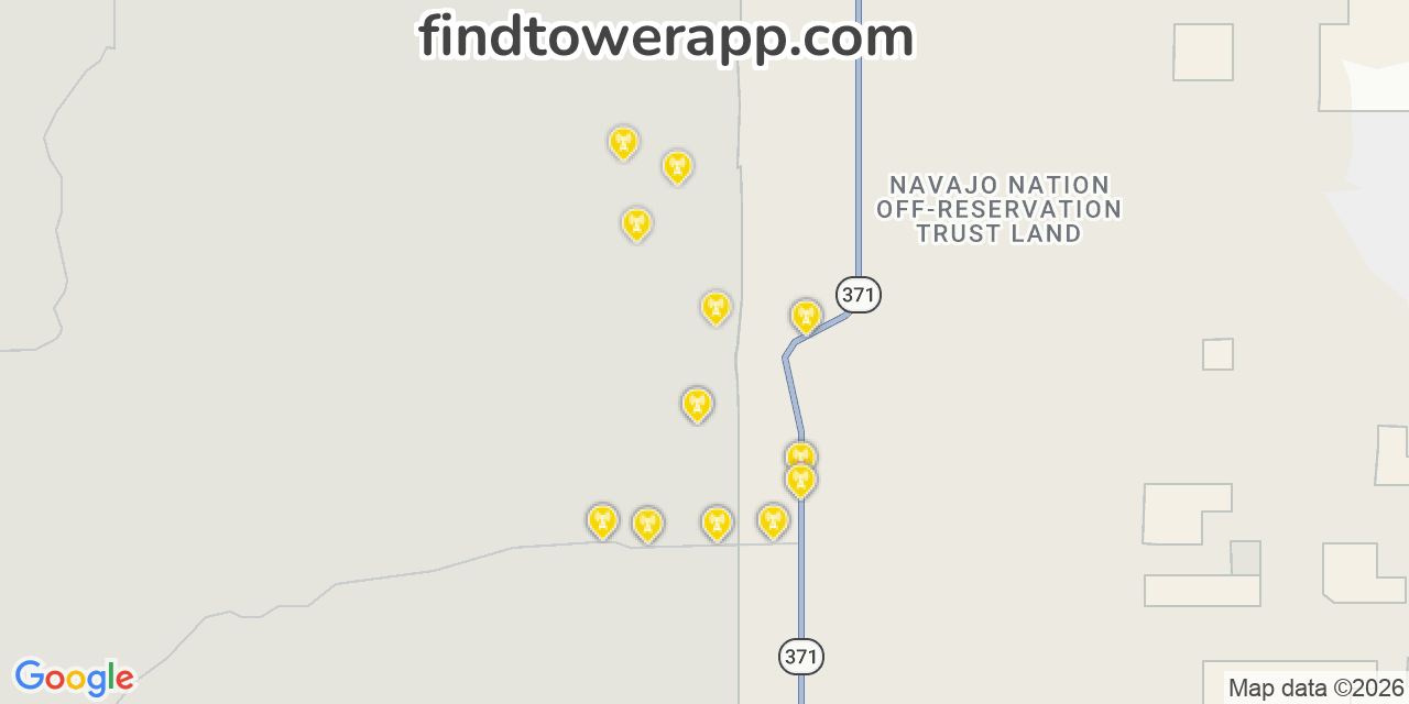 Map showing the 20 primary cell tower locations detected in San Juan, New Mexico from AT&T, Verizon, and T-Mobile networks