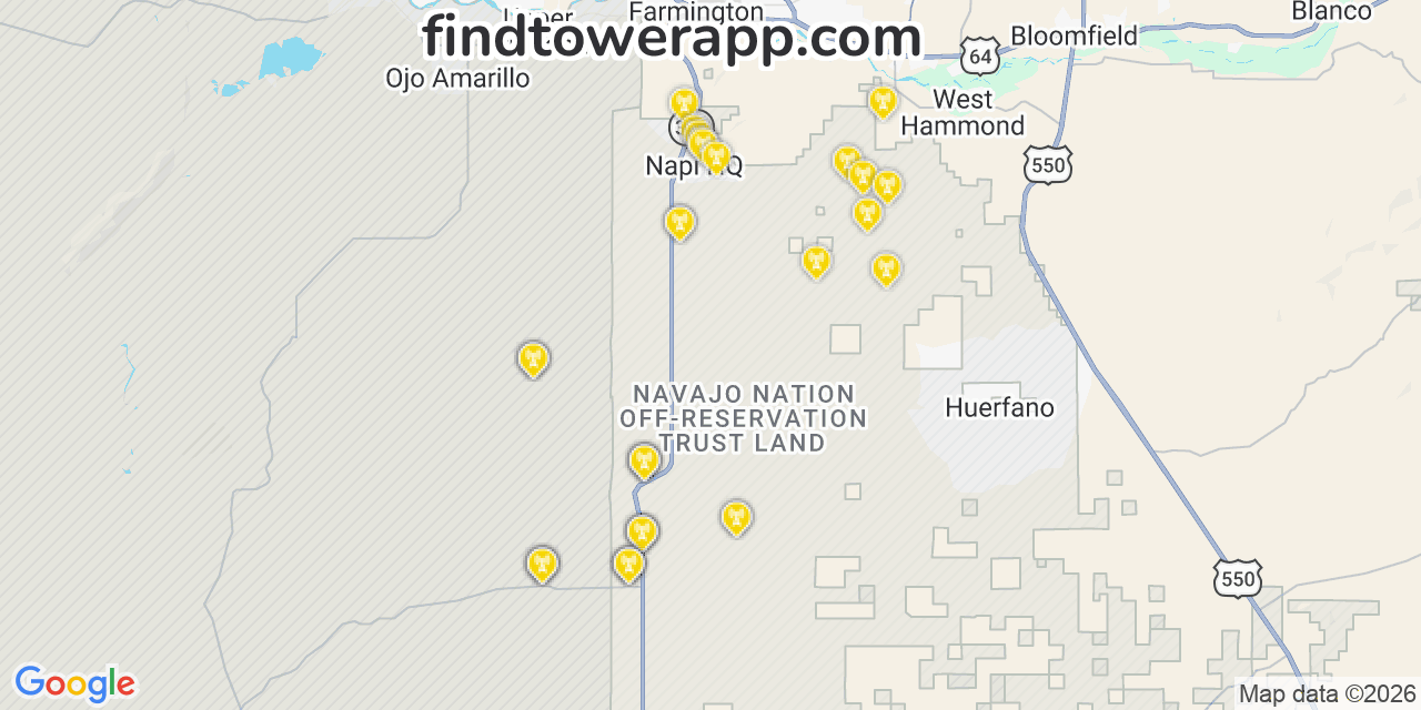 Map showing the 36 primary T-Mobile cell tower locations detected in San Juan, New Mexico with coverage radius and signal strength indicators