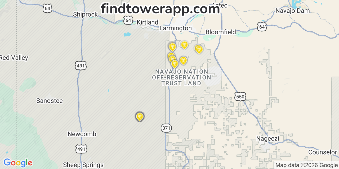 Map showing the 39 primary Verizon cell tower locations detected in San Juan, New Mexico with coverage radius and signal strength indicators