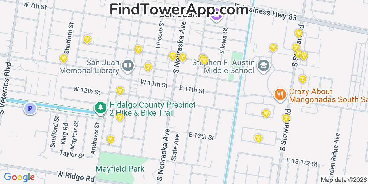 Map showing the 20 primary cell tower locations detected in San Juan, Texas from AT&T, Verizon, and T-Mobile networks
