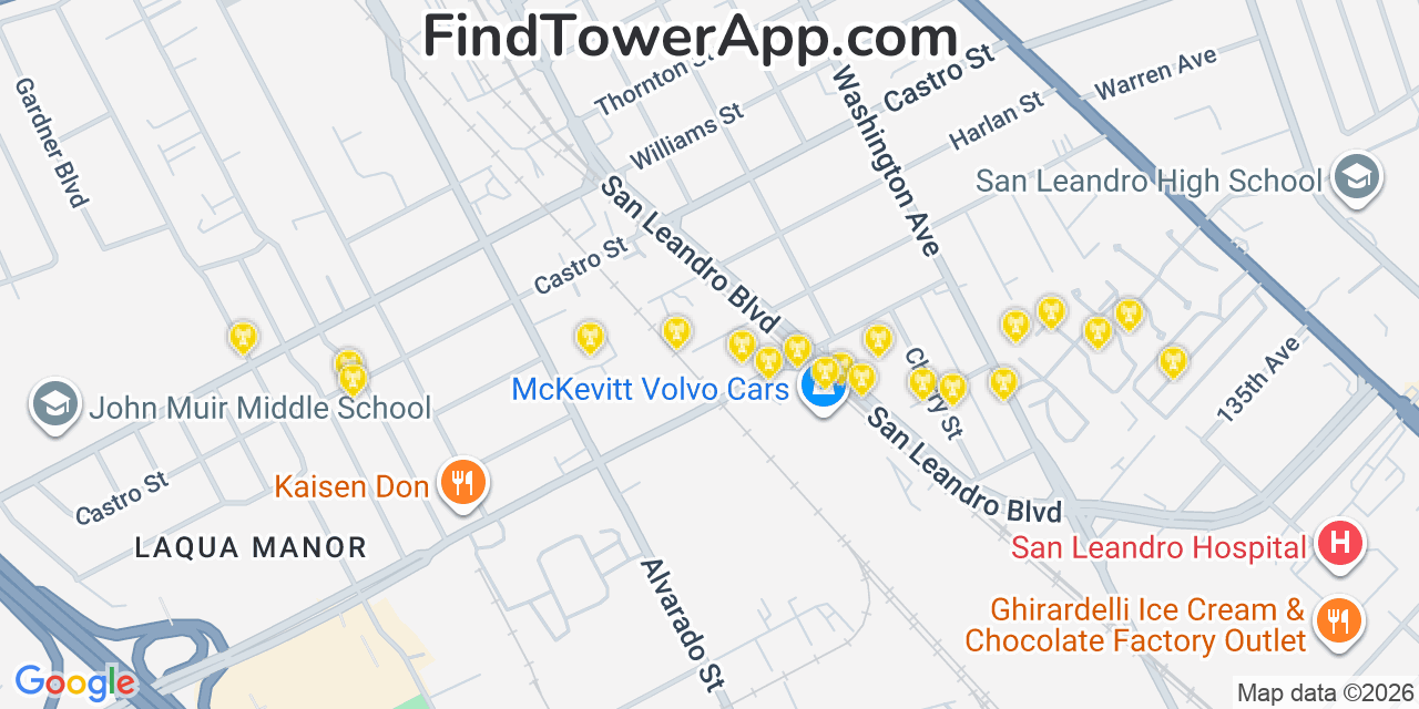 Map showing the 20 primary cell tower locations detected in San Leandro, California from AT&T, Verizon, and T-Mobile networks