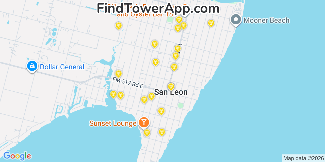 Map showing the 20 primary cell tower locations detected in San Leon, Texas from AT&T, Verizon, and T-Mobile networks