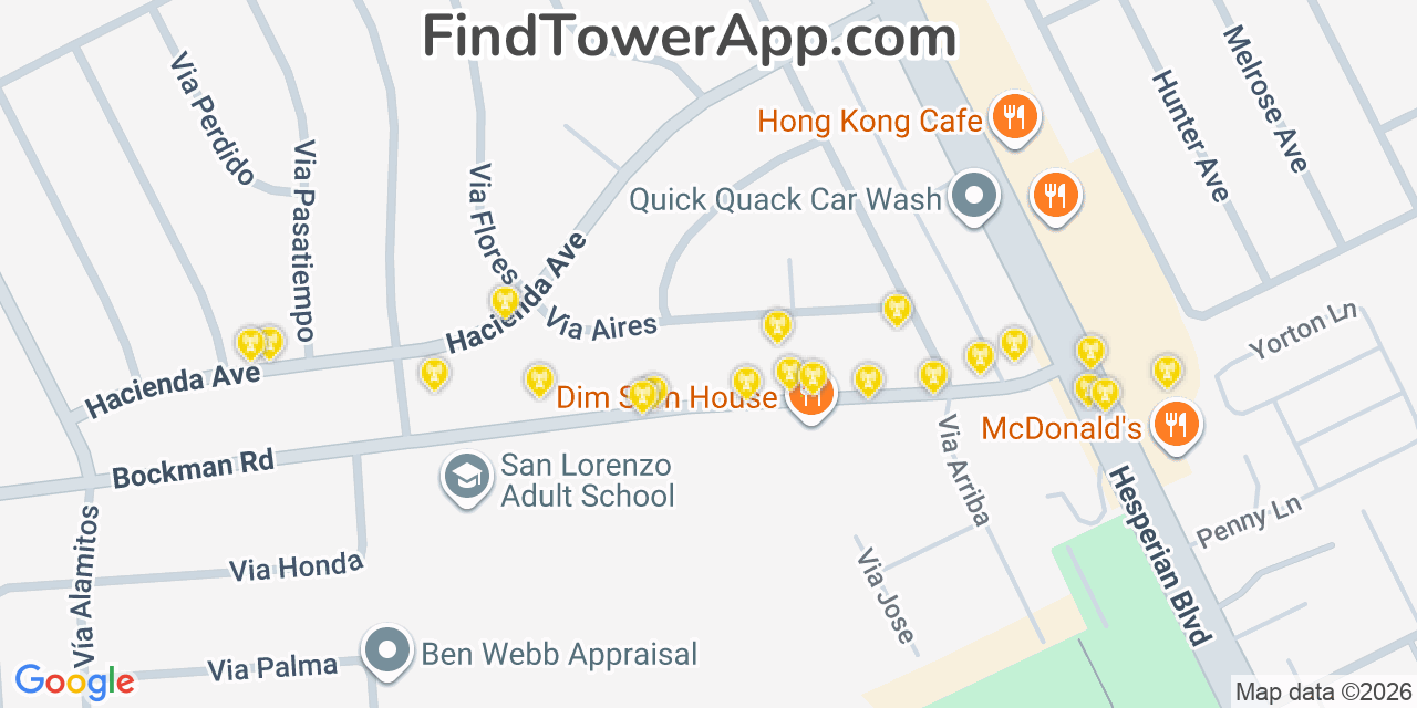 Map showing the 20 primary cell tower locations detected in San Lorenzo, California from AT&T, Verizon, and T-Mobile networks