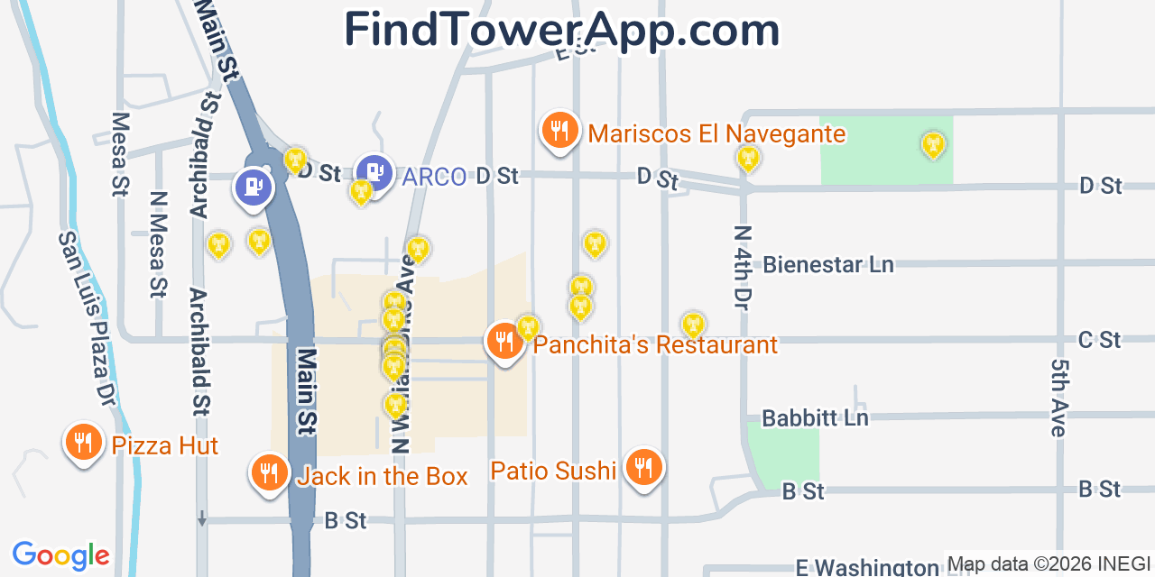 Map showing the 20 primary cell tower locations detected in San Luis, Arizona from AT&T, Verizon, and T-Mobile networks