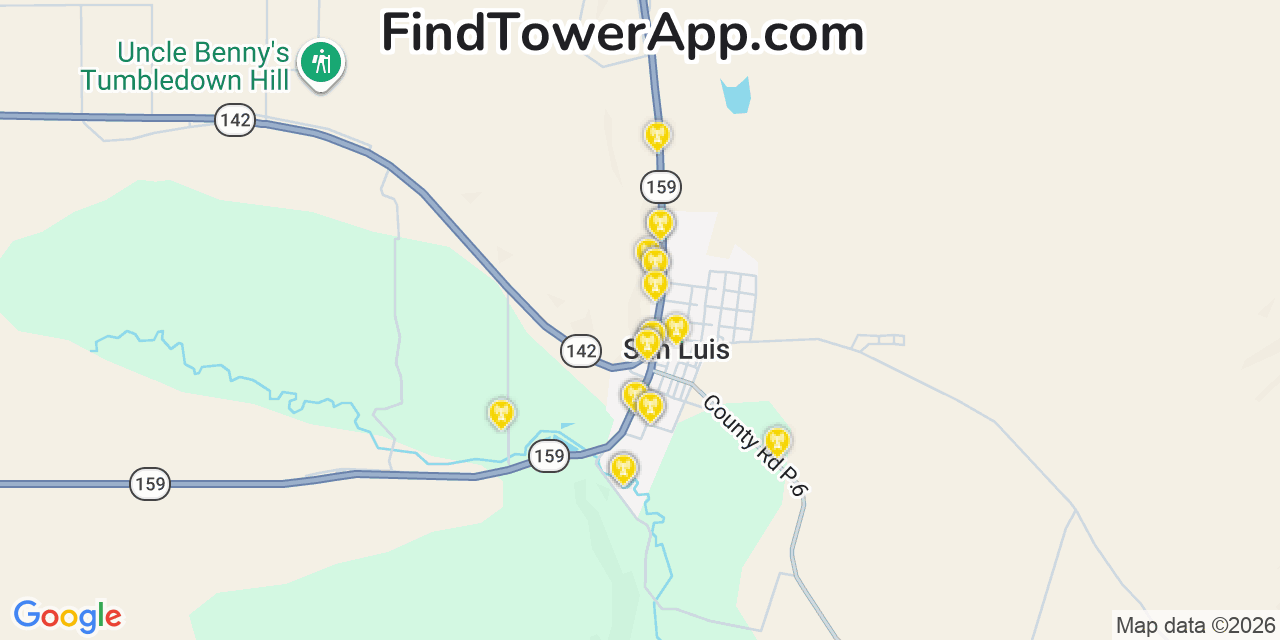 Map showing the 20 primary cell tower locations detected in San Luis, Colorado from AT&T, Verizon, and T-Mobile networks